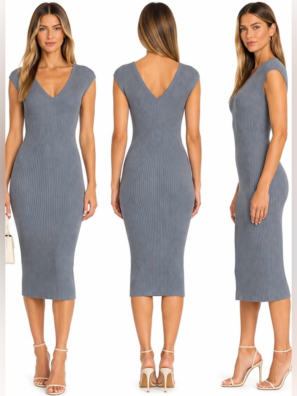Club Monaco Grey Ribbed Knit V-Neck Maxi Dress S